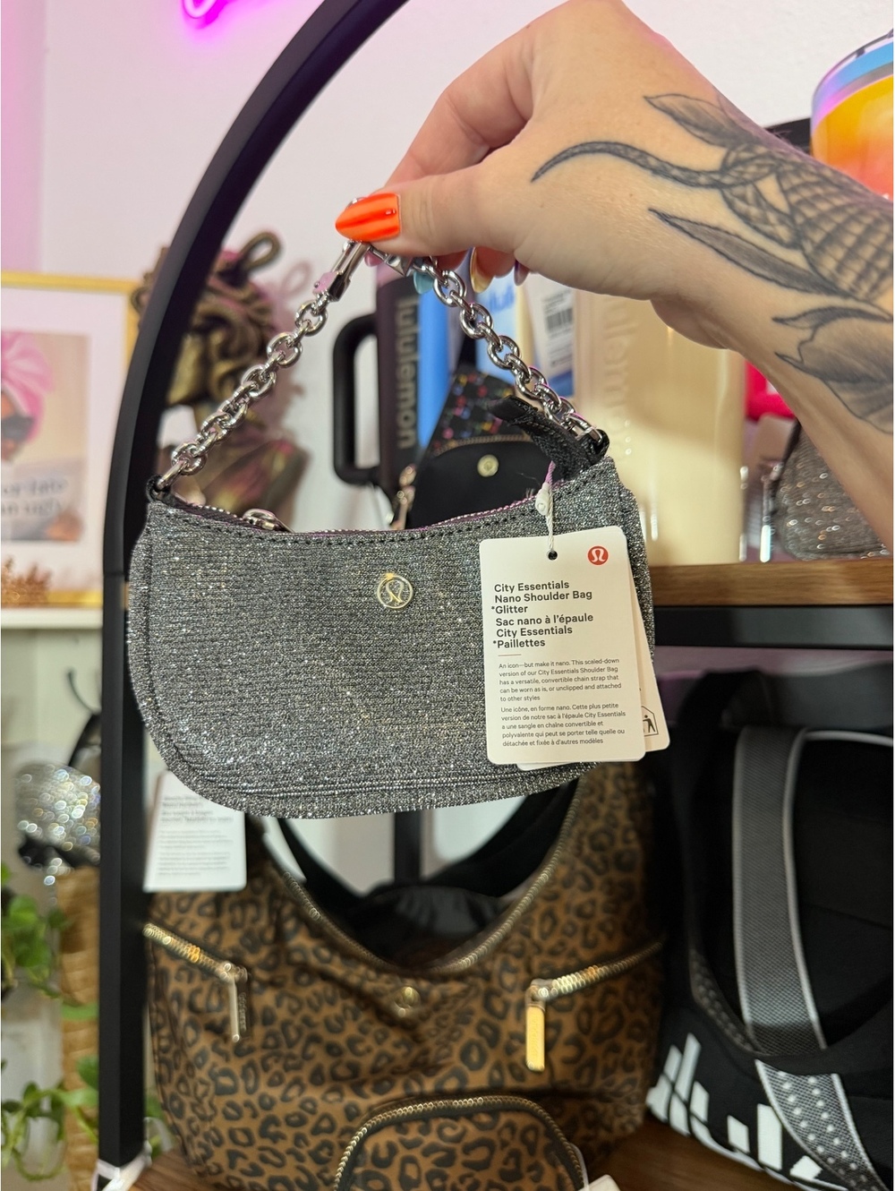 Rare Lululemon Glitter City Essentials Nano Shoulder Bag Silver Chain Strap NWT